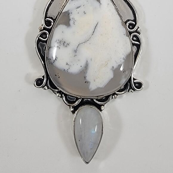 Handmade Silver Pendant with Dendritic Opal, Moonstone & Freshwater Pearl - Picture 3 of 10